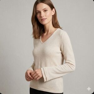 Ann Taylor Sweater Women MP Beige Cashmere Gold Metallic Cozy Knit Ruffle Sleeve